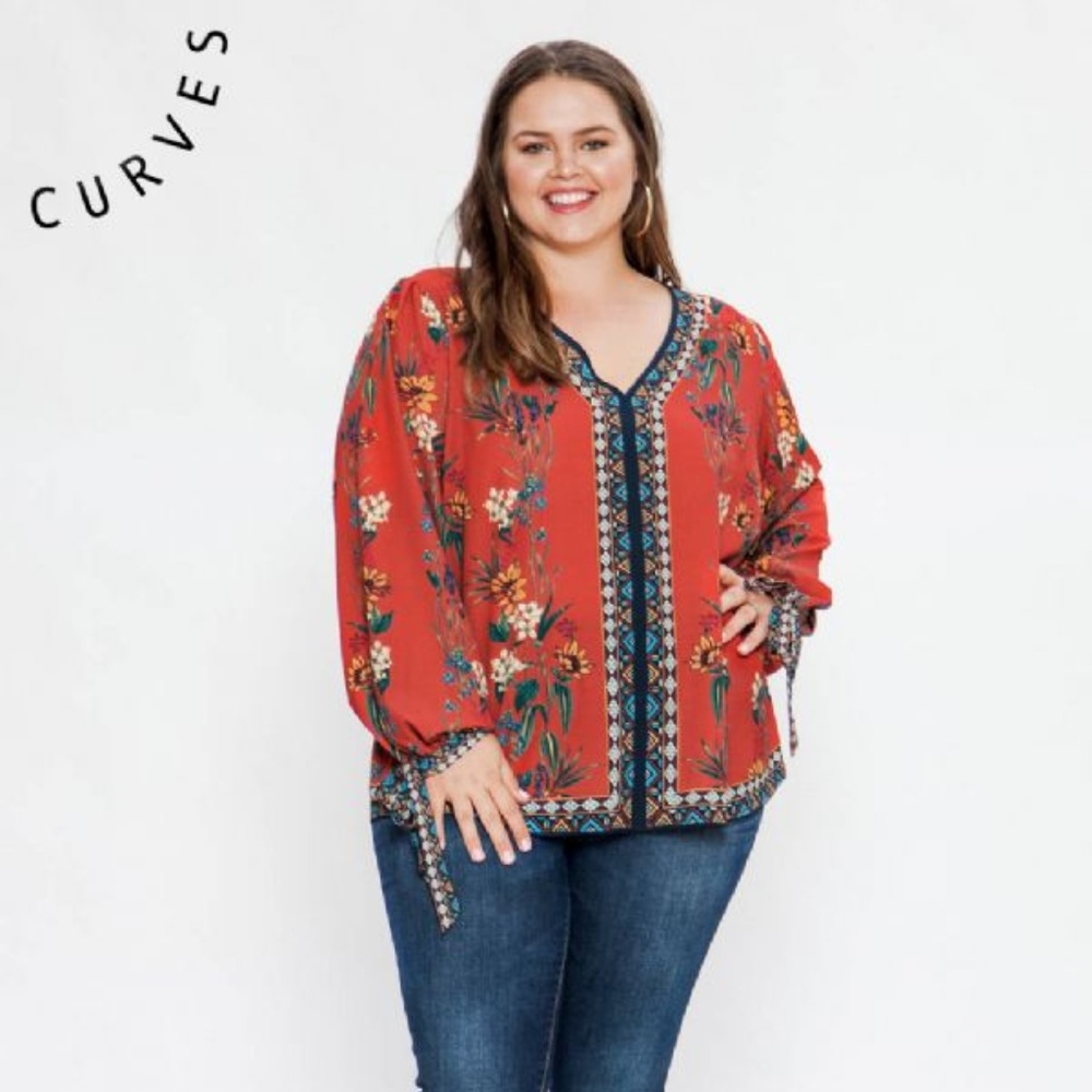 Flying Tomato Rust Red Boho Floral Blouse | Tied Sleeve V Neck Plus Size
